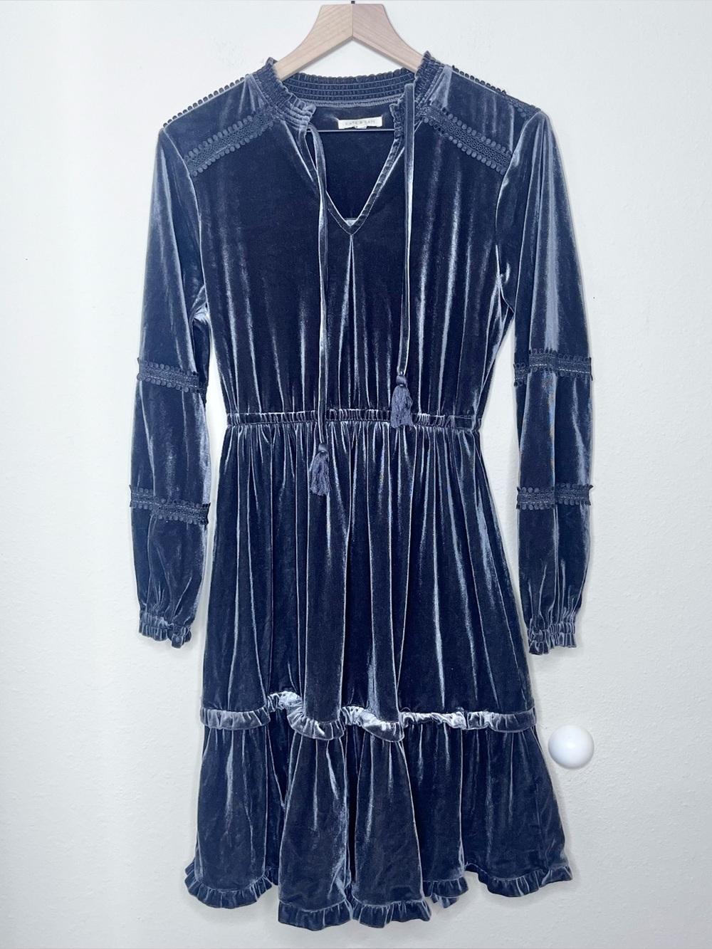 Kate and Sam Dark Gray Crushed Velvet Long Sleeve Tiered Midi Dress Sz Small